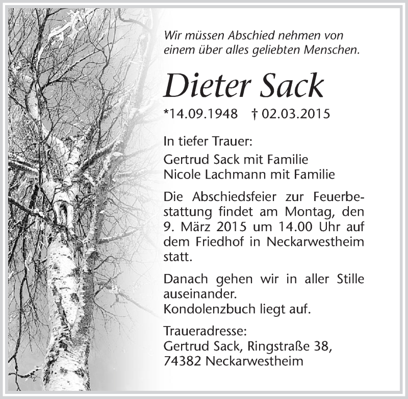  Traueranzeige für Dieter Sack vom 04.03.2015 aus 
