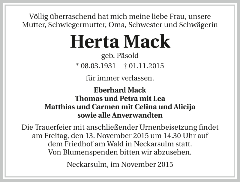 Traueranzeige für Herta Mack vom 10.11.2015 aus 