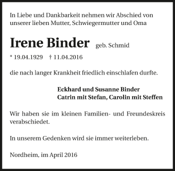 Traueranzeige von Irene Binder 