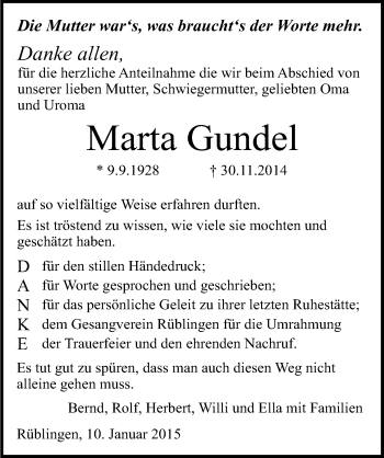 Traueranzeige von Marta Gundel 
