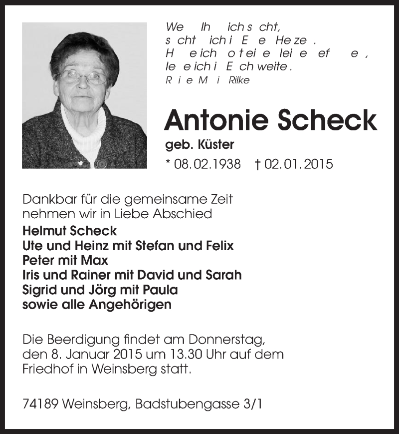  Traueranzeige für Antonie Scheck vom 05.01.2015 aus 