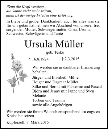 Traueranzeige von Ursula Müller 