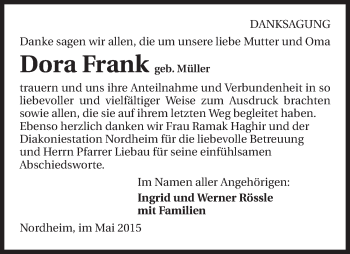 Traueranzeige von Dora Frank 