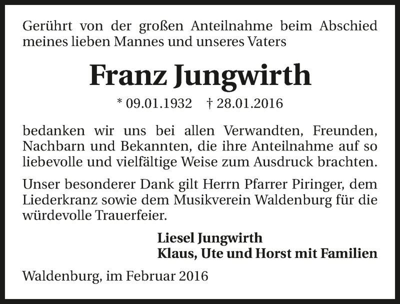  Traueranzeige für Franz Jungwirth vom 22.02.2016 aus 