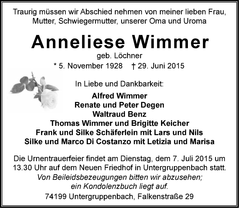  Traueranzeige für Anneliese Wimmer vom 04.07.2015 aus 