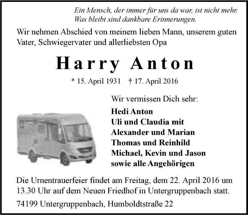  Traueranzeige für Harry Anton vom 20.04.2016 aus 