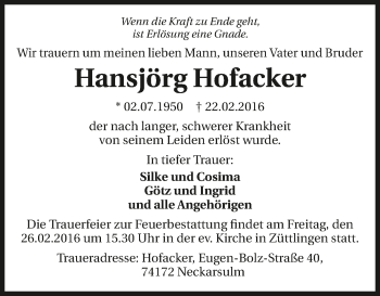 Traueranzeige von Hansjörg Hofacker 