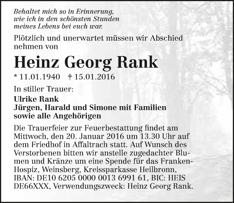  Traueranzeige für Heinz Georg Rank vom 18.01.2016 aus 