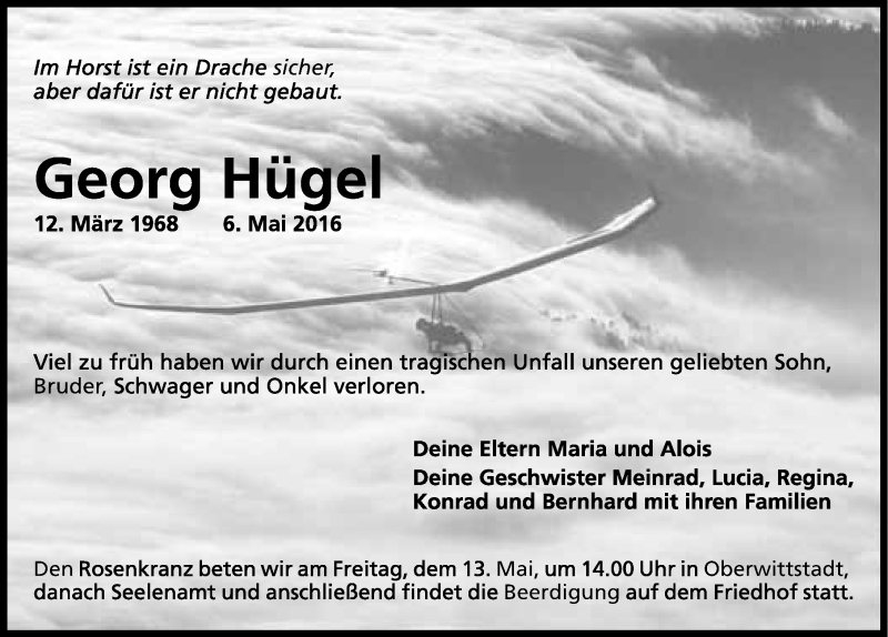  Traueranzeige für Georg Hügel vom 11.05.2016 aus 