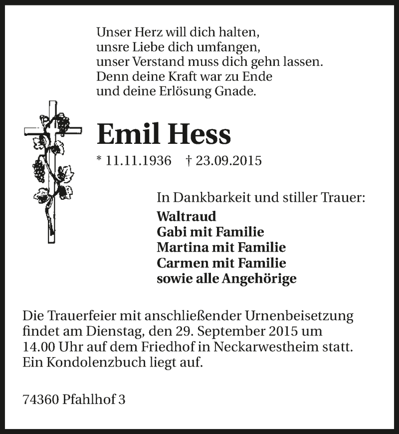  Traueranzeige für Emil Hess vom 26.09.2015 aus 