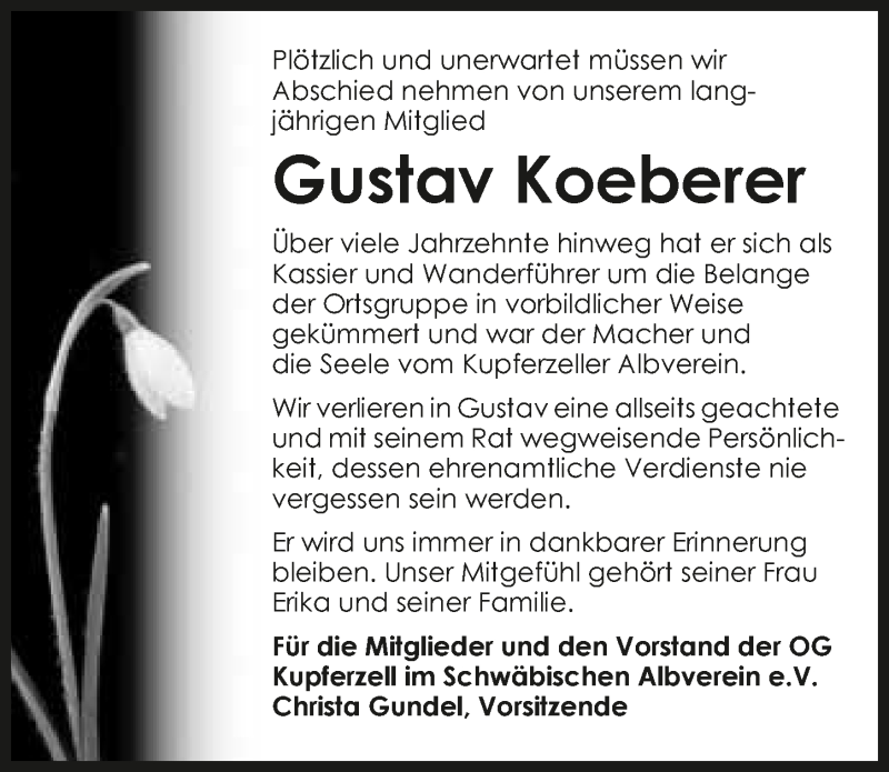 Traueranzeige für Gustav Koeberer vom 11.04.2016 aus 