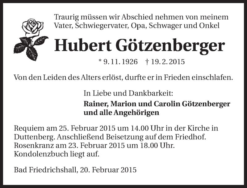  Traueranzeige für Hubert Götzenberger vom 21.02.2015 aus 