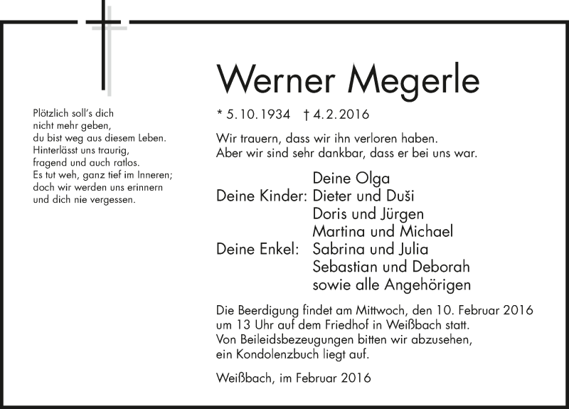  Traueranzeige für Werner Megerle vom 06.02.2016 aus 