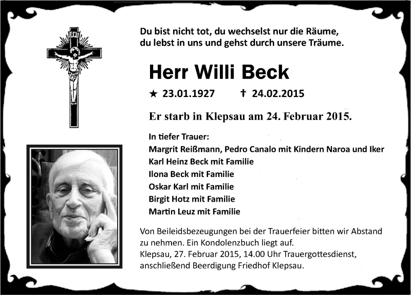  Traueranzeige für Willi Beck vom 25.02.2015 aus 