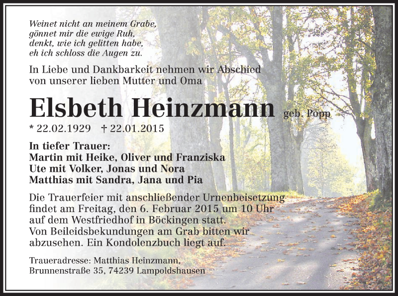  Traueranzeige für Elsbeth Heinzmann vom 30.01.2015 aus 