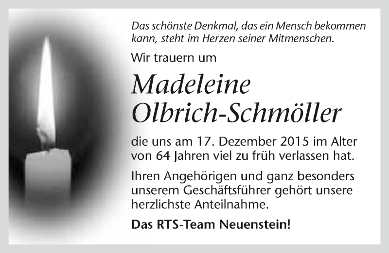  Traueranzeige für Madeleine Olbrich-Schmöller vom 29.12.2015 aus 