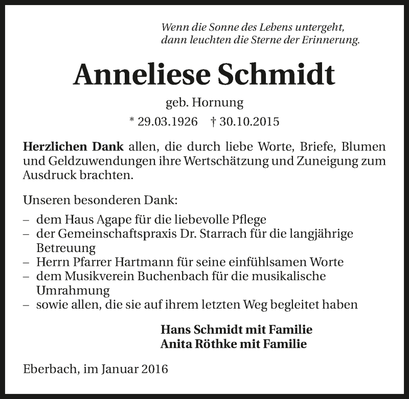  Traueranzeige für Anneliese Schmidt vom 09.01.2016 aus 