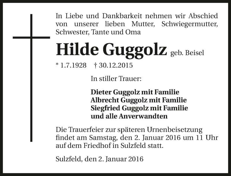  Traueranzeige für Hilde Guggolz vom 02.01.2016 aus 