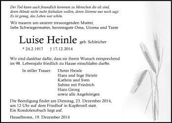 Traueranzeige von Luise Heinle 