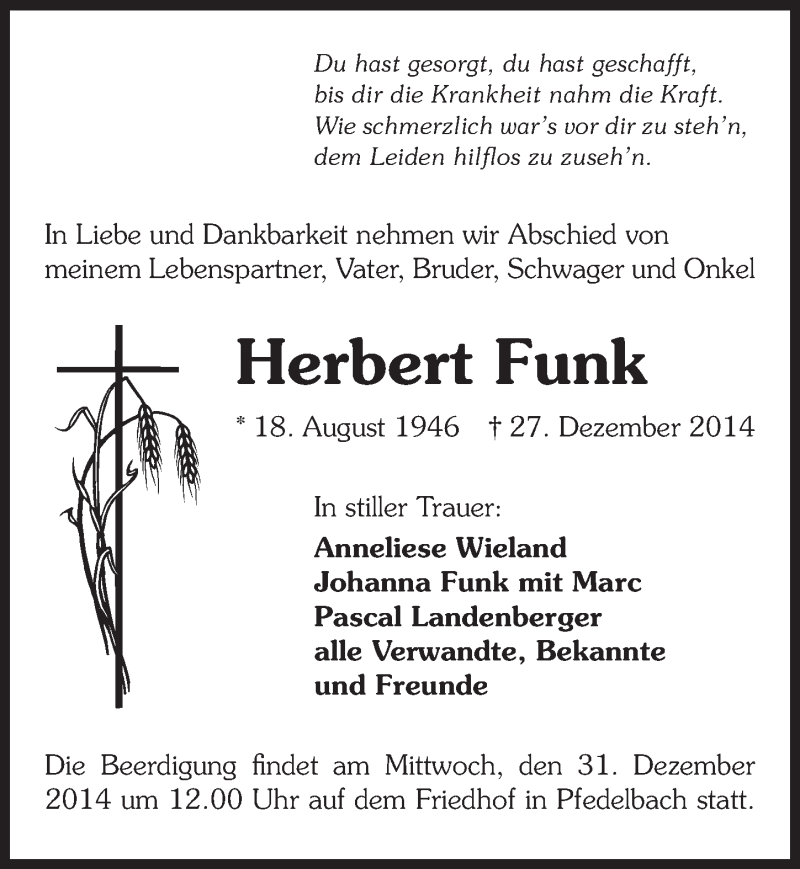  Traueranzeige für Herbert Funk vom 30.12.2014 aus 