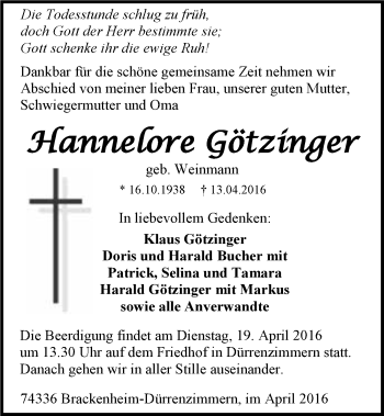 Traueranzeige von Hannelore Götzinger 