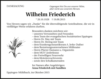 Traueranzeige von Wilhelm Friederich 