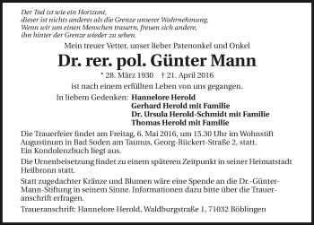 Traueranzeige von Günter Mann 