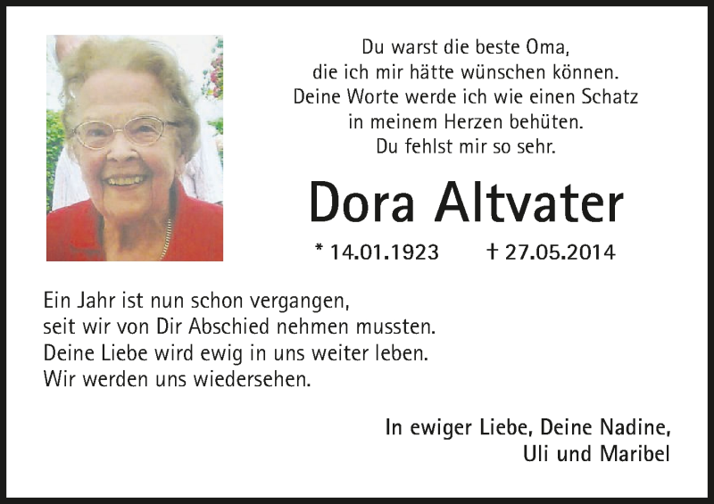  Traueranzeige für Dora Altvater vom 27.05.2015 aus 