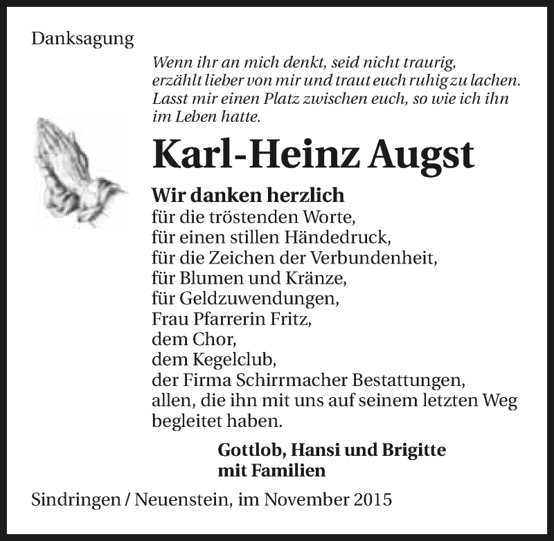  Traueranzeige für Karl-Heinz Augst vom 14.11.2015 aus 