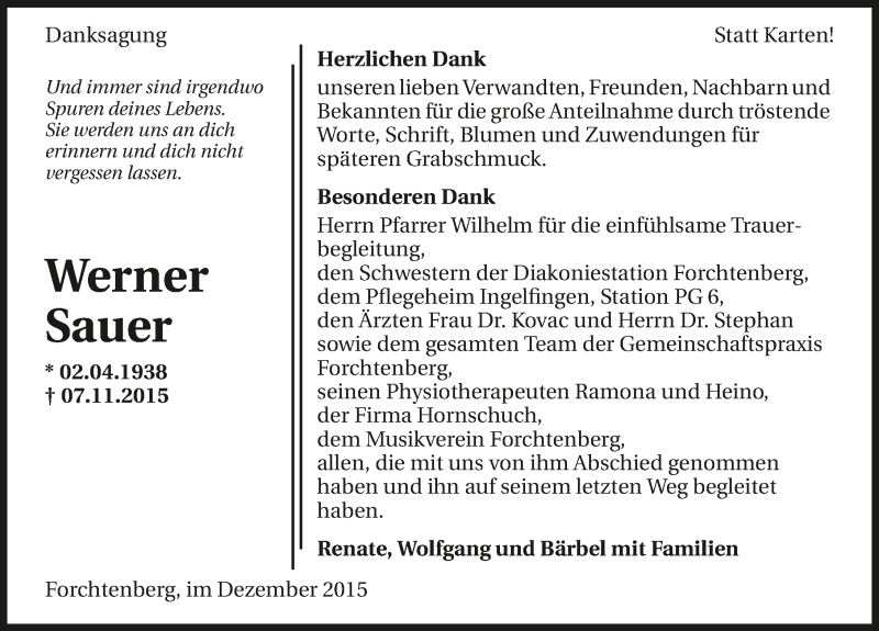  Traueranzeige für Werner Sauer vom 05.12.2015 aus 