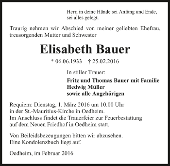 Traueranzeige von Elisabeth Bauer 