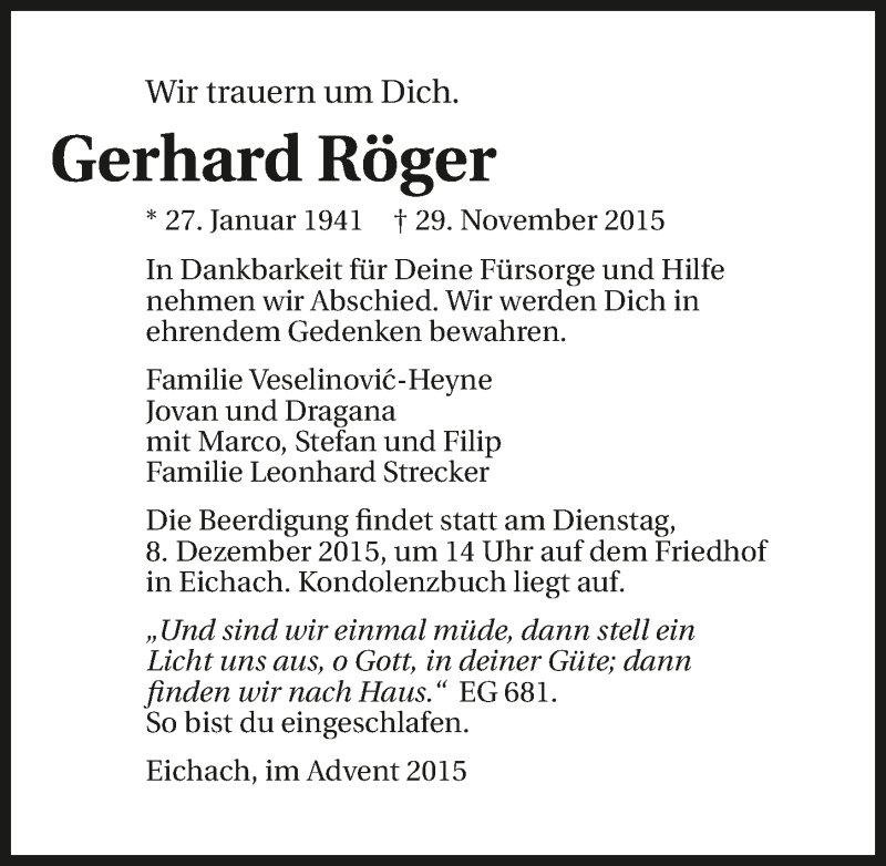  Traueranzeige für Gerhard Röger vom 05.12.2015 aus 