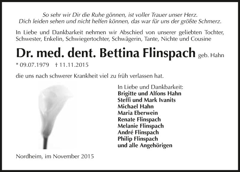  Traueranzeige für Bettina Fllinspach vom 14.11.2015 aus 