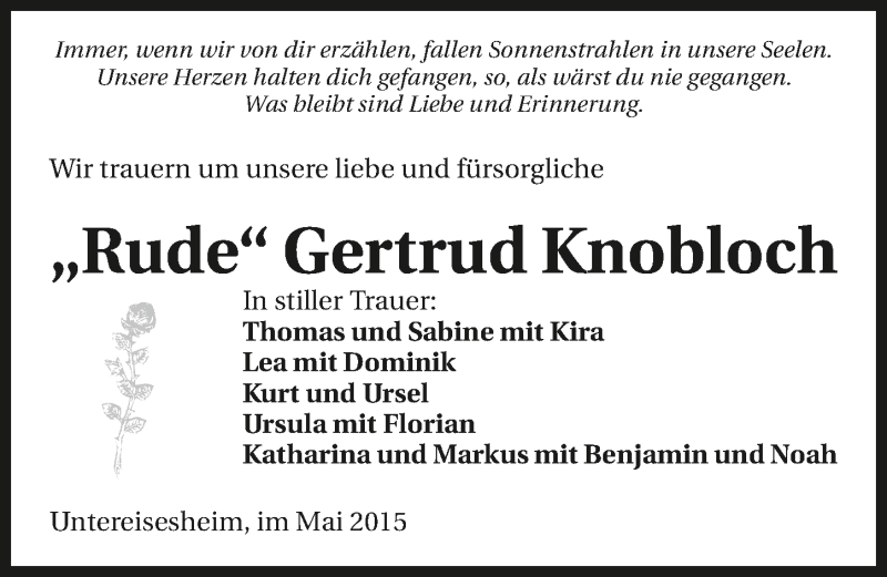 Traueranzeige für Gertrud Knobloch vom 28.05.2015 aus 