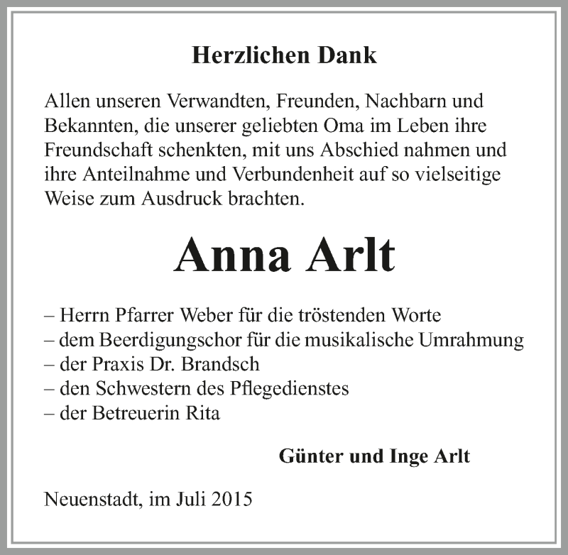  Traueranzeige für Anna Arlt vom 25.07.2015 aus 