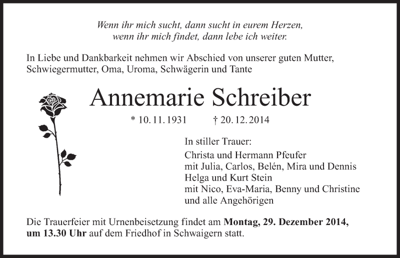  Traueranzeige für Annemarie Schreiber vom 27.12.2014 aus 