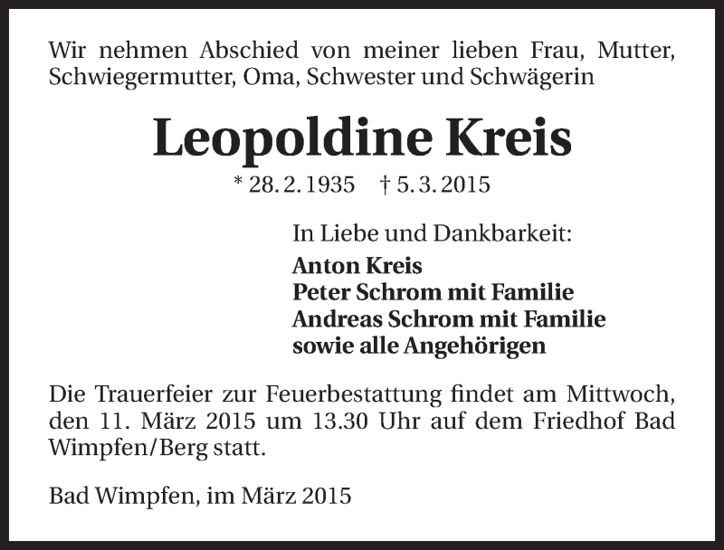  Traueranzeige für Leopoldine Kreis vom 07.03.2015 aus 