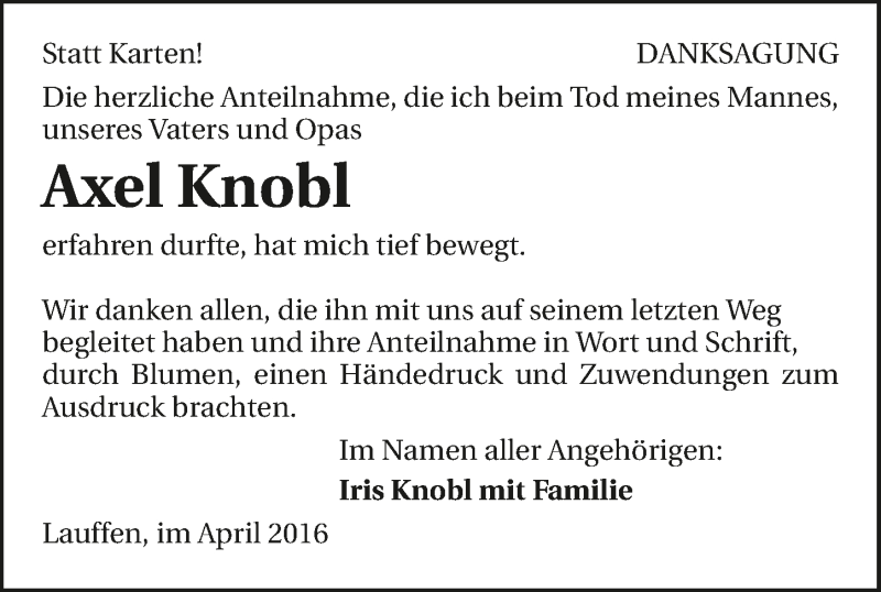  Traueranzeige für Axel Knobl vom 30.04.2016 aus 