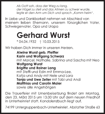 Traueranzeige von Gerhard Wurst 