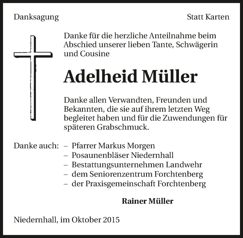  Traueranzeige für Adelheid Müller vom 29.10.2015 aus 