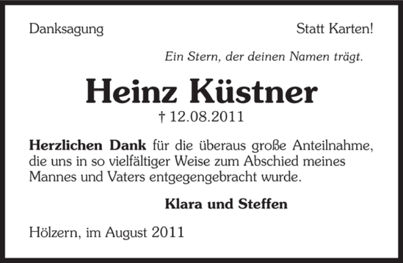  Traueranzeige für der deinen Namen trägt Hein Danksagung Statt Karten Ein Stern vom 31.08.2011 aus 
