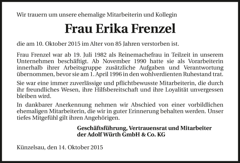  Traueranzeige für Erika Frenzel vom 15.10.2015 aus 