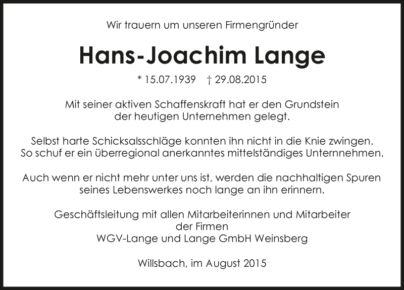  Traueranzeige für Hans-Joachim Lange vom 31.08.2015 aus 