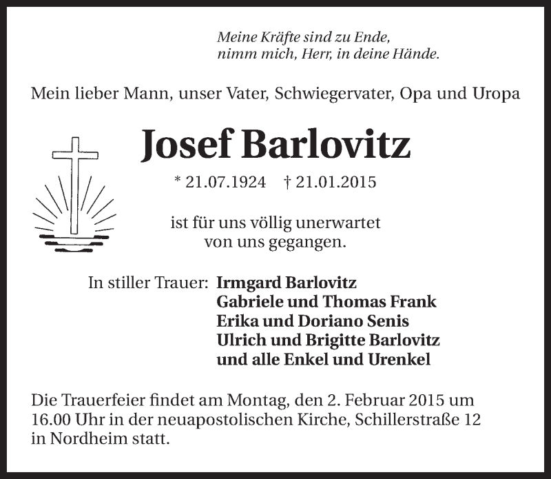  Traueranzeige für Josef Barlovitz vom 28.01.2015 aus 