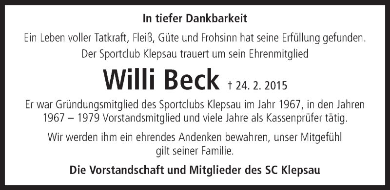  Traueranzeige für Willi Beck vom 26.02.2015 aus 