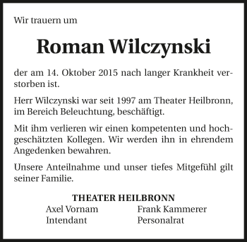Traueranzeige von Roman Wilczynski 