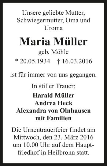 Traueranzeige von Maria Müller
