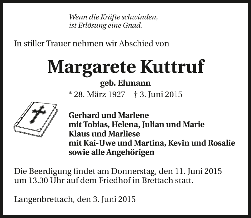  Traueranzeige für Margarete Kuttruff vom 09.06.2015 aus 