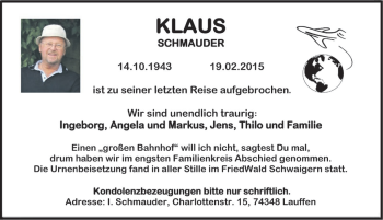 Traueranzeige von Klaus Schmauder 