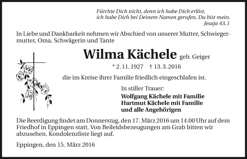  Traueranzeige für Wilma Kächele vom 15.03.2016 aus 